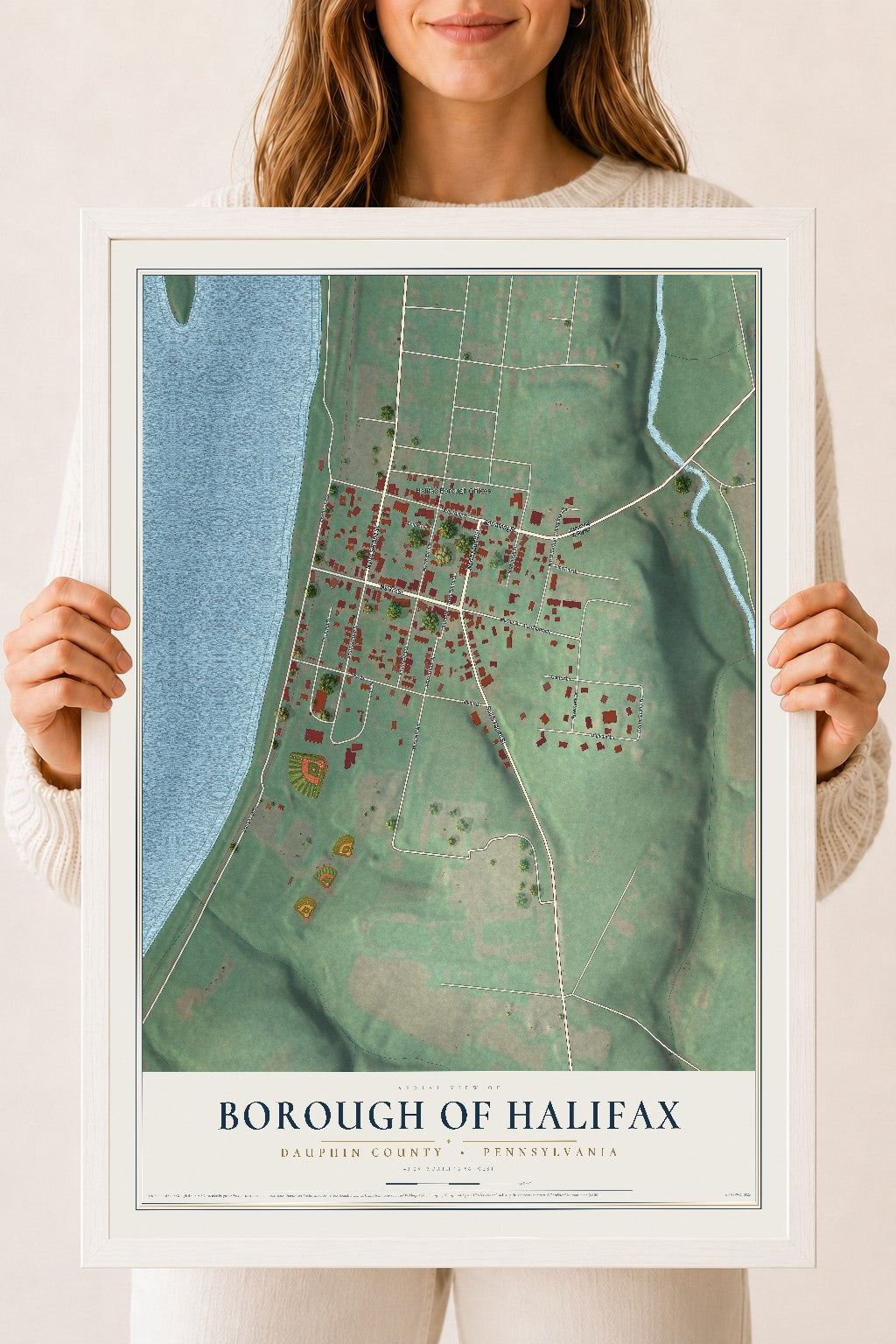 Map of the Borough of Halifax, Dauphin County, Pennsylvania, 18 x 24 inch print in a white wood frame
