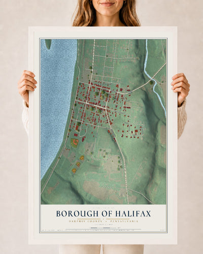Map of the Borough of Halifax, Dauphin County, Pennsylvania, 24 x 36 inch print in a white wood frame