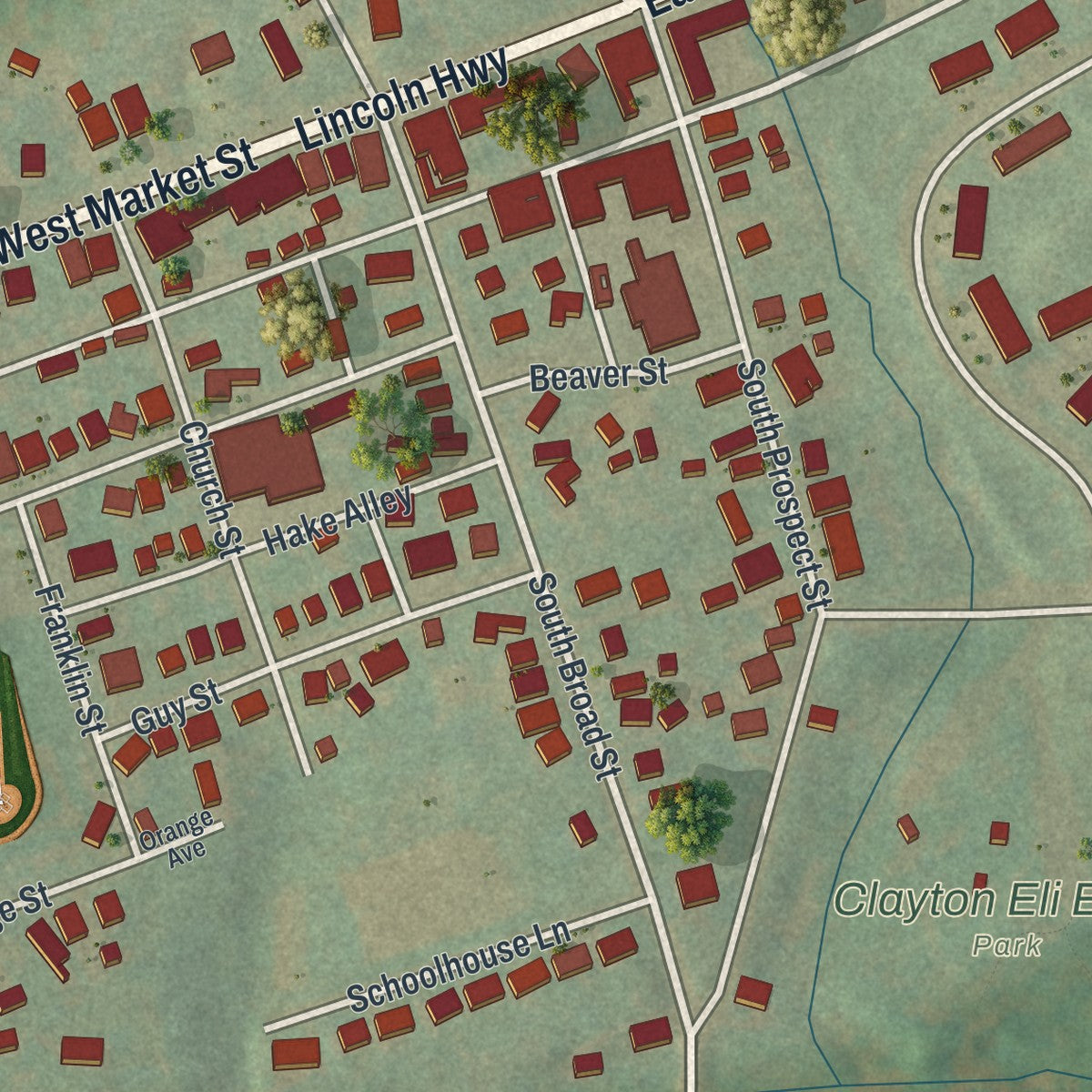 Second close-up of the map of Hallam, Pennsylvania print showing more streets and buildings