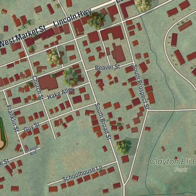 Second close-up of the map of Hallam, Pennsylvania print showing more streets and buildings