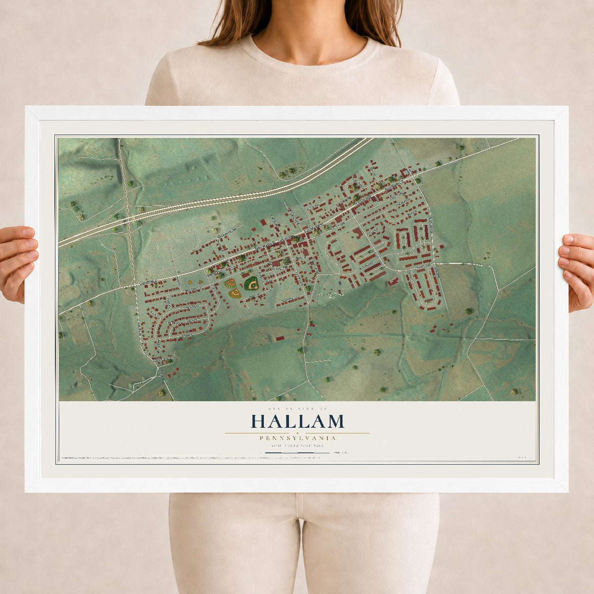 Map of Hallam, Pennsylvania, 18 x 24 inch print in a white wood frame