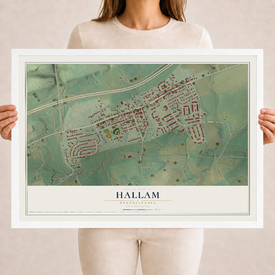 Map of Hallam, Pennsylvania, 18 x 24 inch print in a white wood frame