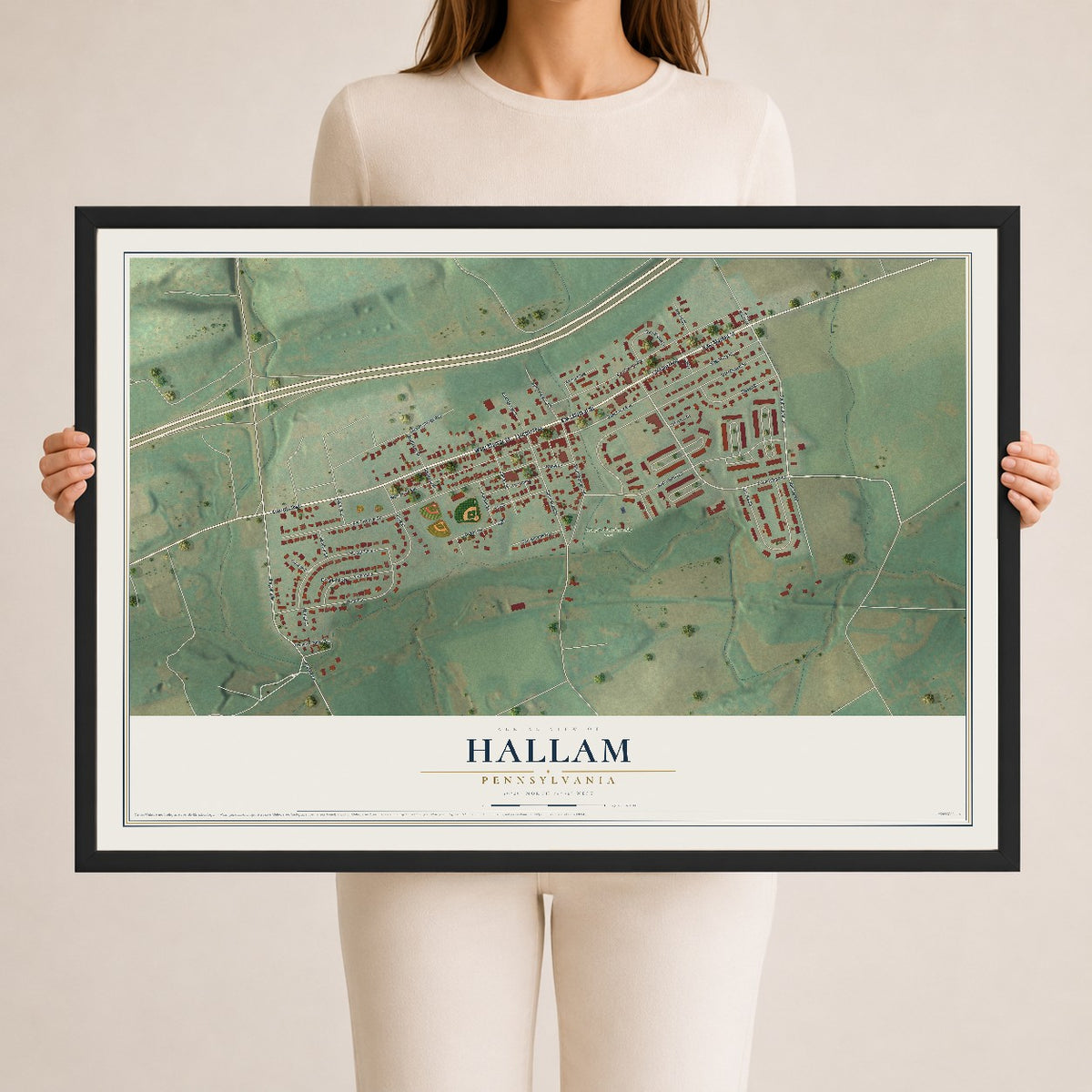 Map of Hallam, Pennsylvania, 24 x 36 inch print in a black wood frame