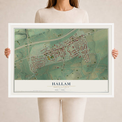Map of Hallam, Pennsylvania, 24 x 36 inch print in a white wood frame