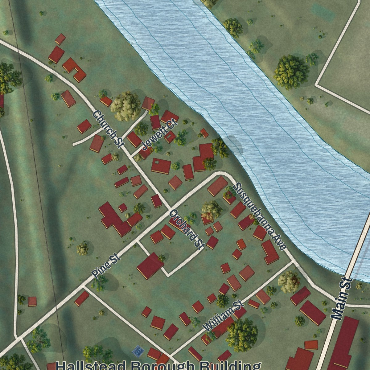 Close-up of the map of Hallstead, Pennsylvania print showing street and building detail