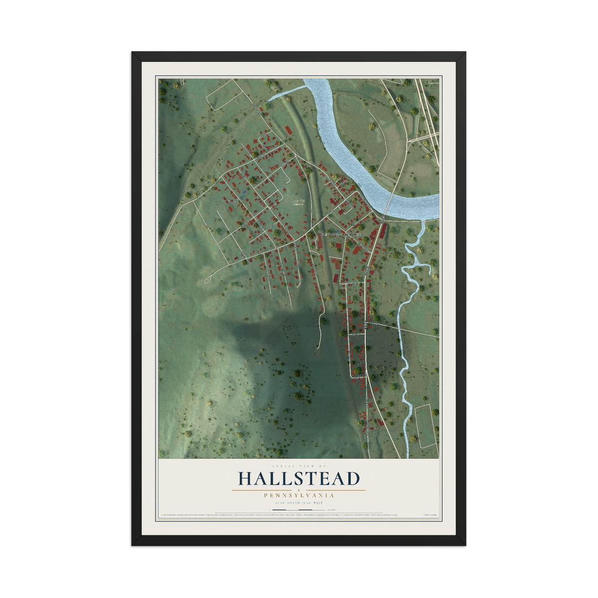 Map of Hallstead, Pennsylvania, 12 x 18 inch print in a black wood frame