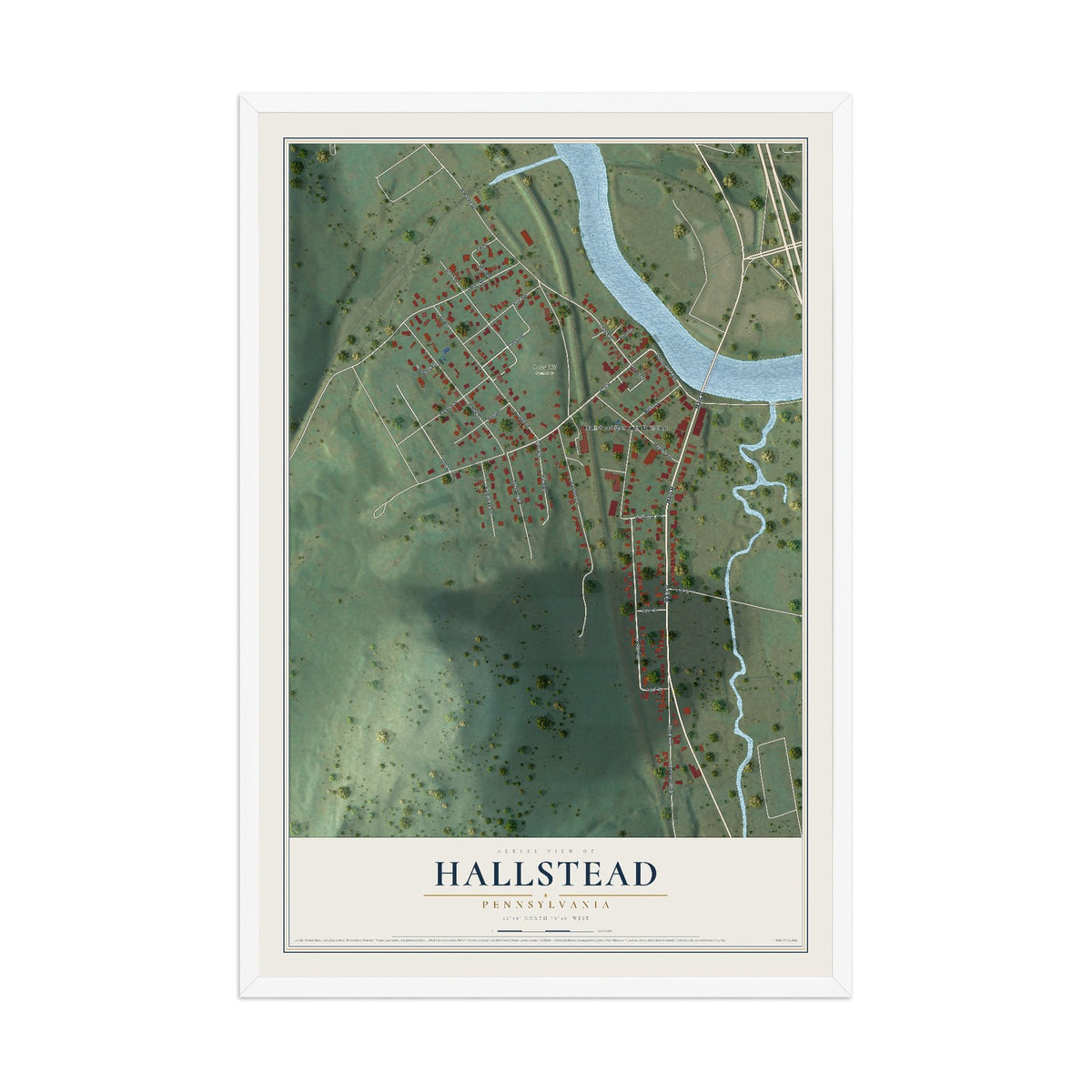 Map of Hallstead, Pennsylvania, 12 x 18 inch print in a white wood frame