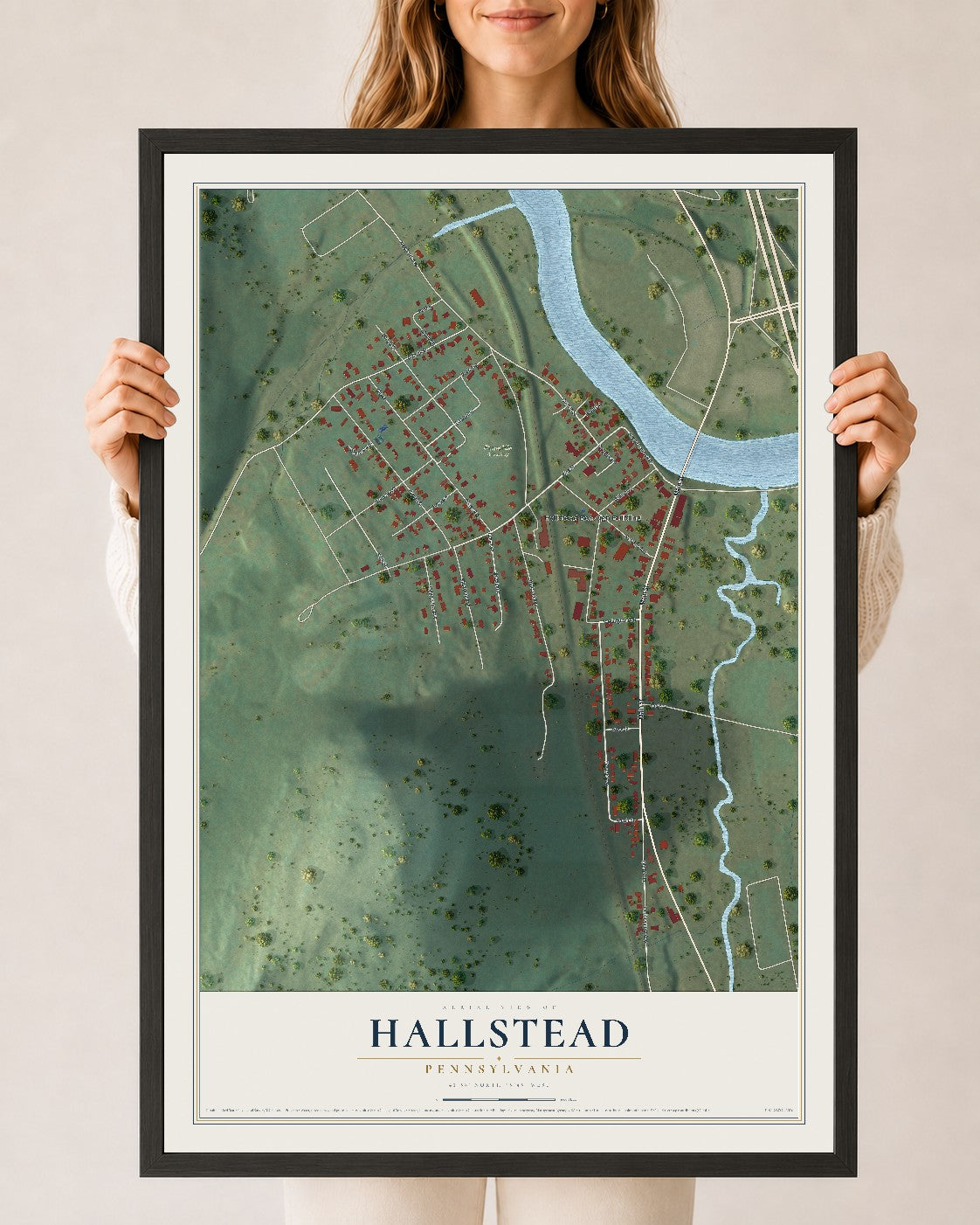 Map of Hallstead, Pennsylvania, 24 x 36 inch print in a black wood frame