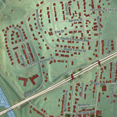 Close-up of the map of Hamburg, Pennsylvania print showing street and building detail