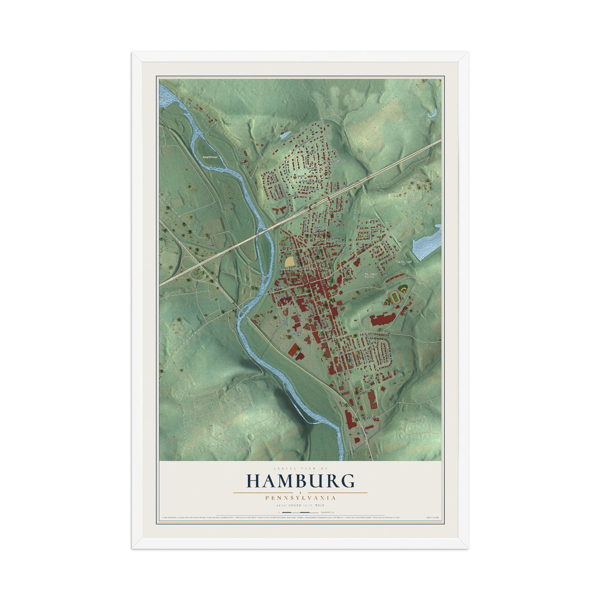Map of Hamburg, Pennsylvania, 12 x 18 inch print in a white wood frame