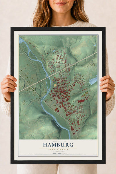 Map of Hamburg, Pennsylvania, 18 x 24 inch print in a black wood frame