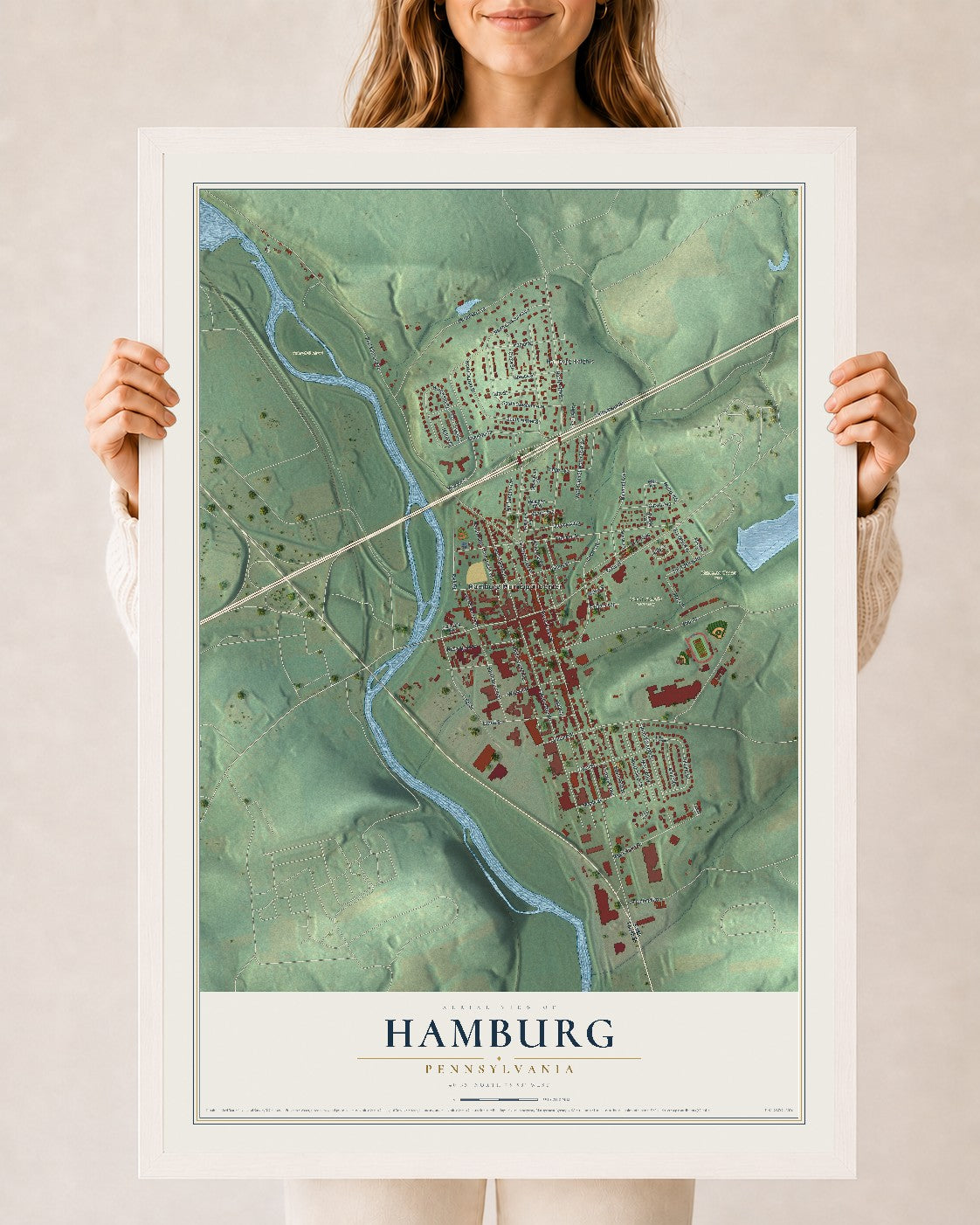 Map of Hamburg, Pennsylvania, 24 x 36 inch print in a white wood frame