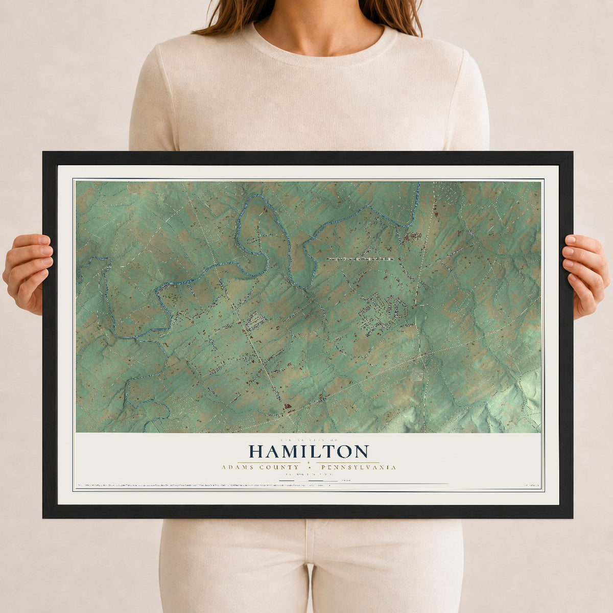 Map of Hamilton, Adams County, Pennsylvania, 12 x 18 inch print in a black wood frame