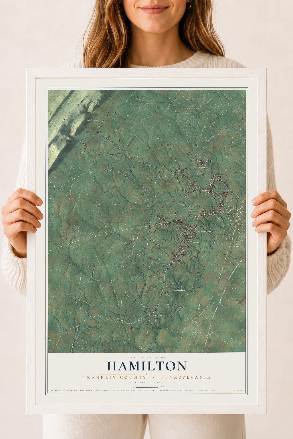 Map of Hamilton, Franklin County, Pennsylvania, 18 x 24 inch print in a white wood frame