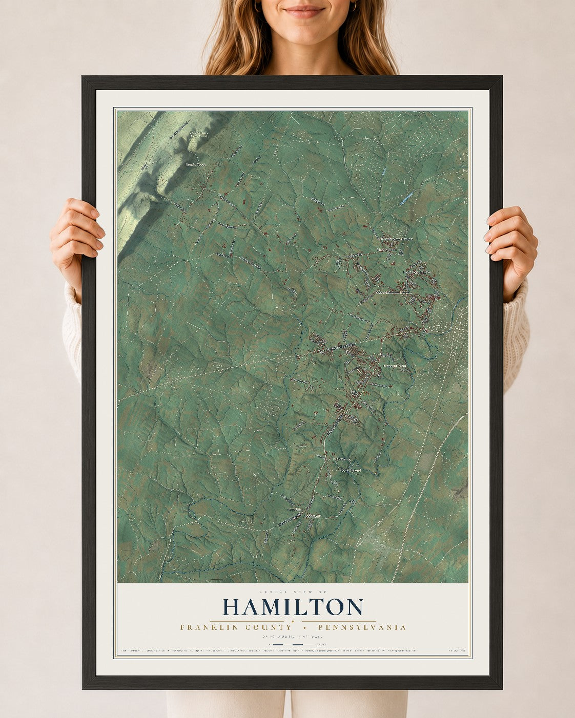 Map of Hamilton, Franklin County, Pennsylvania, 24 x 36 inch print in a black wood frame