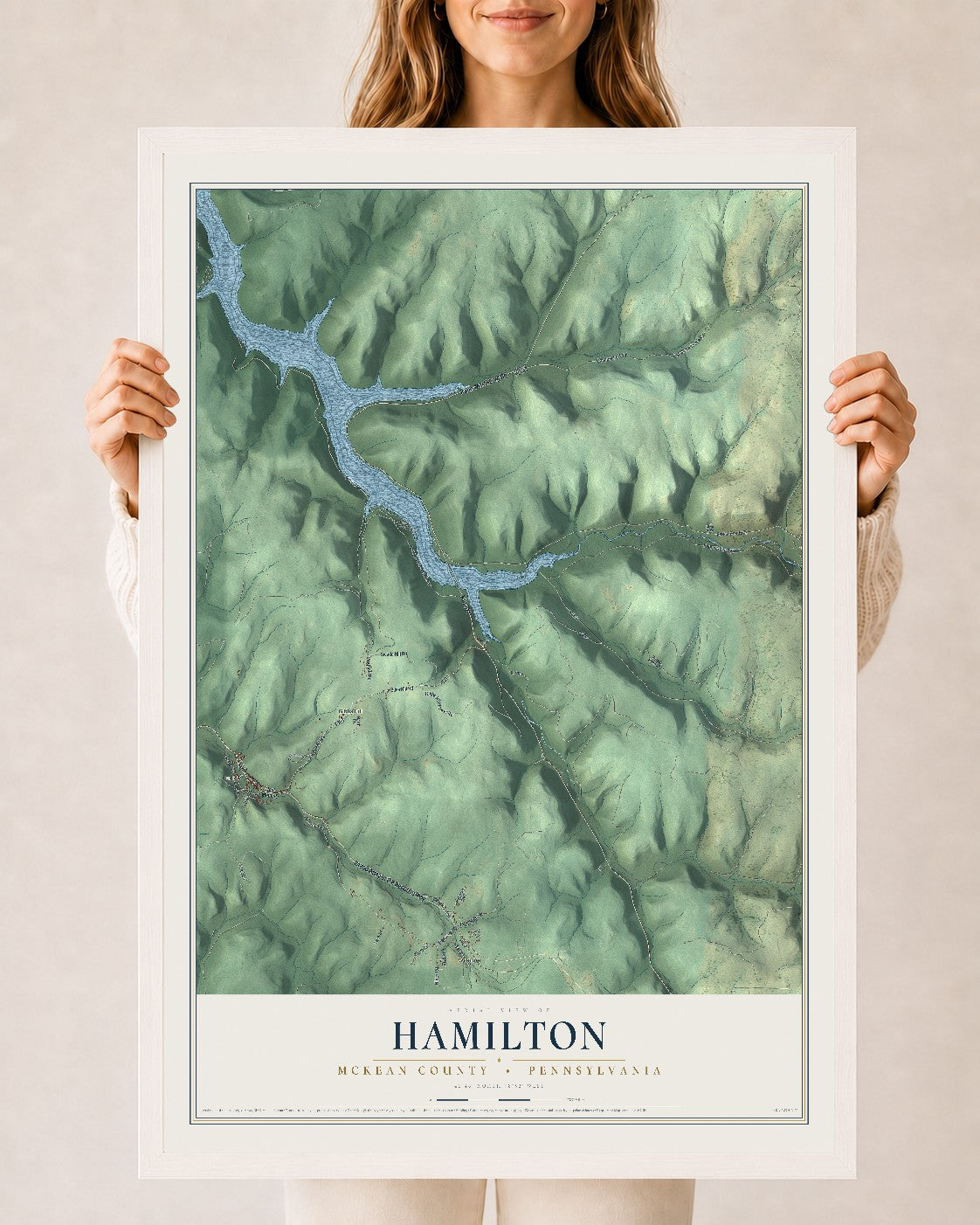 Map of Hamilton, McKean County, Pennsylvania, 24 x 36 inch print in a white wood frame