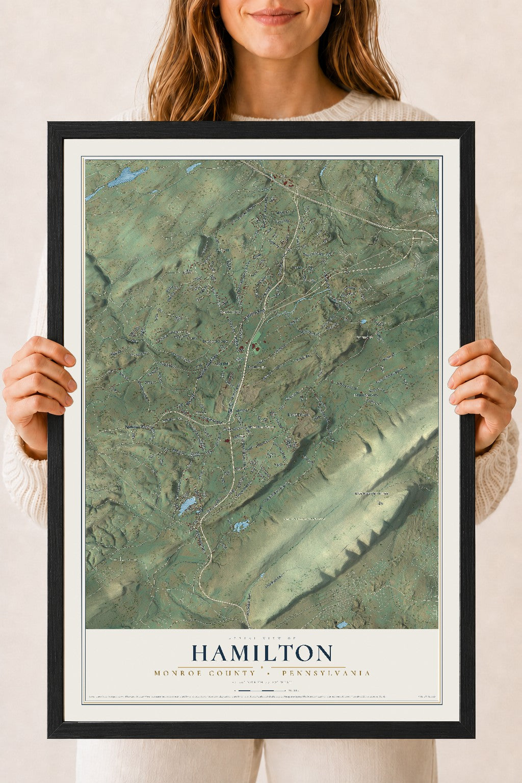 Map of Hamilton, Monroe County, Pennsylvania, 18 x 24 inch print in a black wood frame