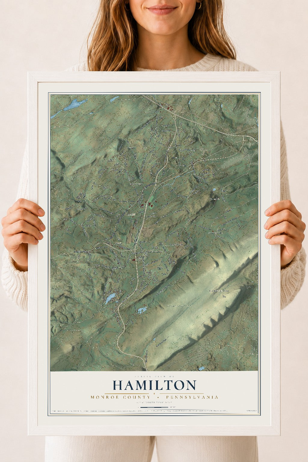 Map of Hamilton, Monroe County, Pennsylvania, 18 x 24 inch print in a white wood frame