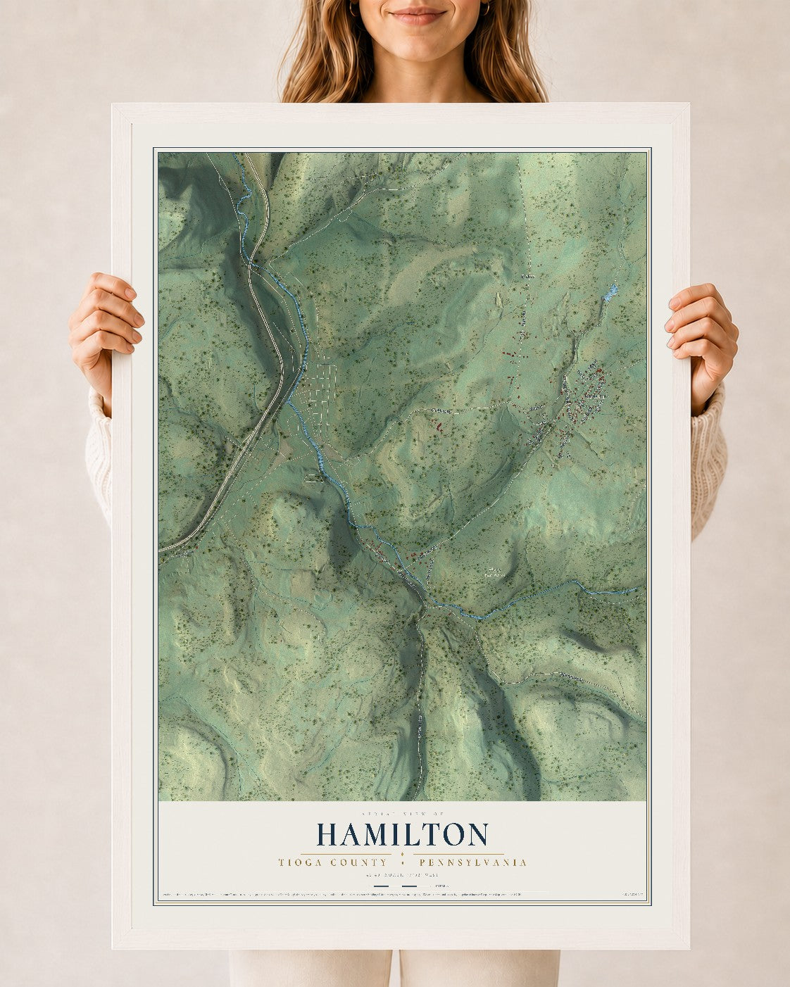 Map of Hamilton, Tioga County, Pennsylvania, 24 x 36 inch print in a white wood frame