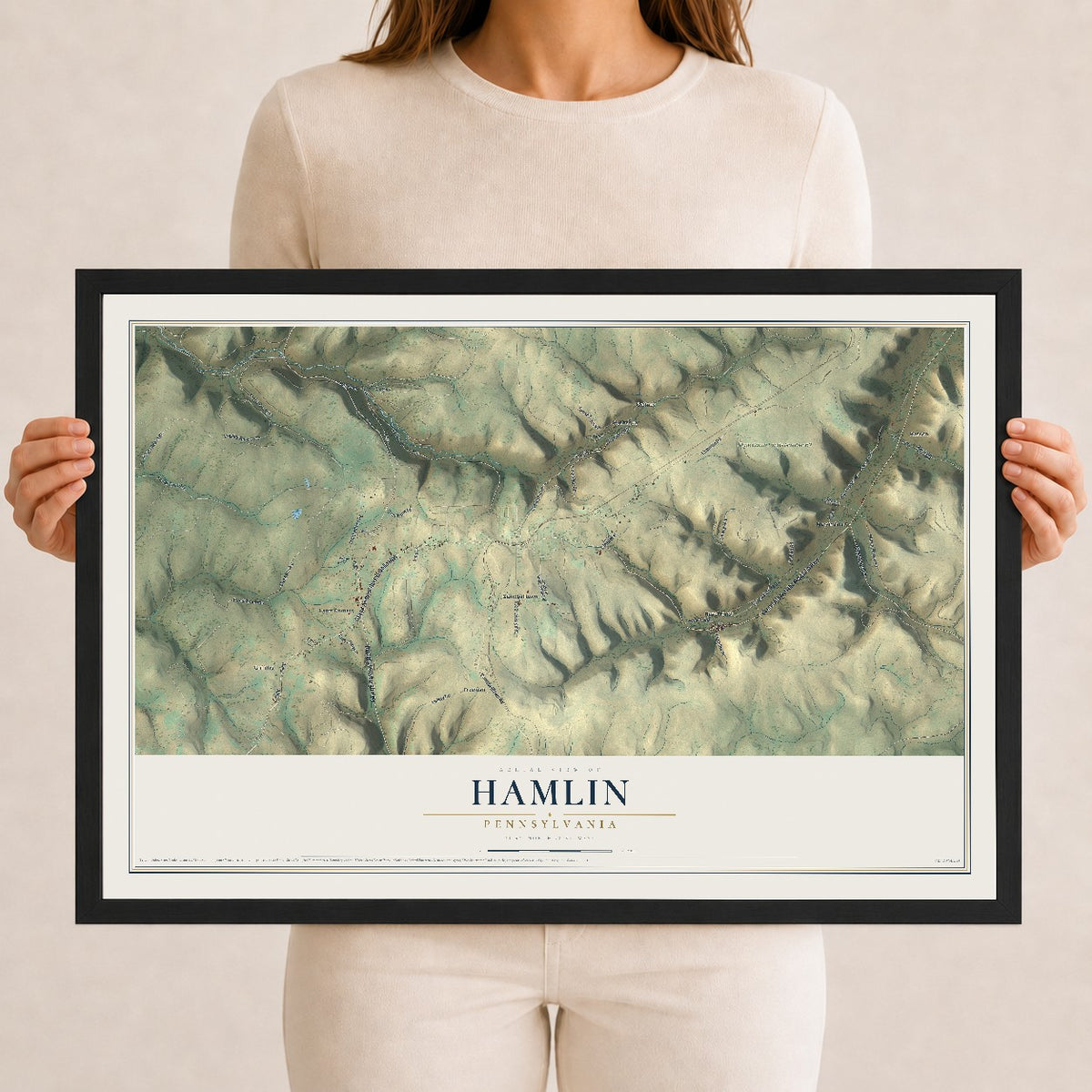 Map of Hamlin, Pennsylvania, 12 x 18 inch print in a black wood frame