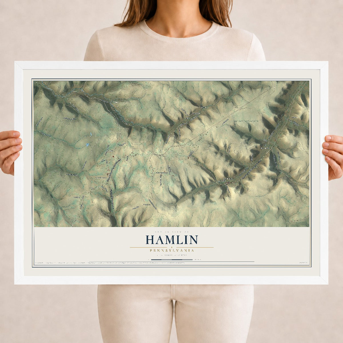 Map of Hamlin, Pennsylvania, 18 x 24 inch print in a white wood frame