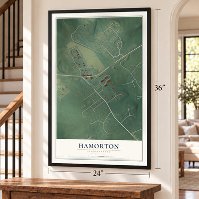 Hamorton, Pennsylvania map, 24 x 36 inch print in a black frame by a staircase