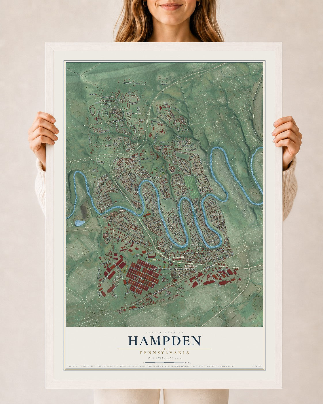 Map of Hampden, Pennsylvania, 24 x 36 inch print in a white wood frame