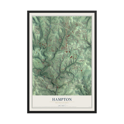 Map of Hampton, Pennsylvania, 12 x 18 inch print in a black wood frame