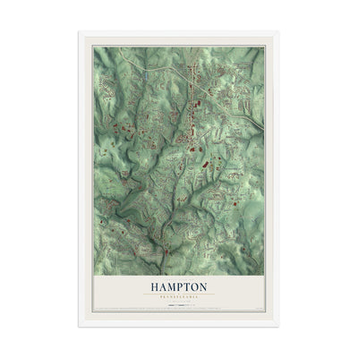 Map of Hampton, Pennsylvania, 12 x 18 inch print in a white wood frame