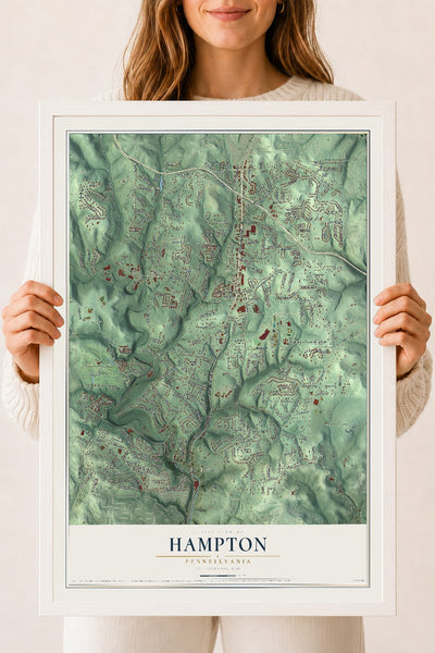 Map of Hampton, Pennsylvania, 18 x 24 inch print in a white wood frame