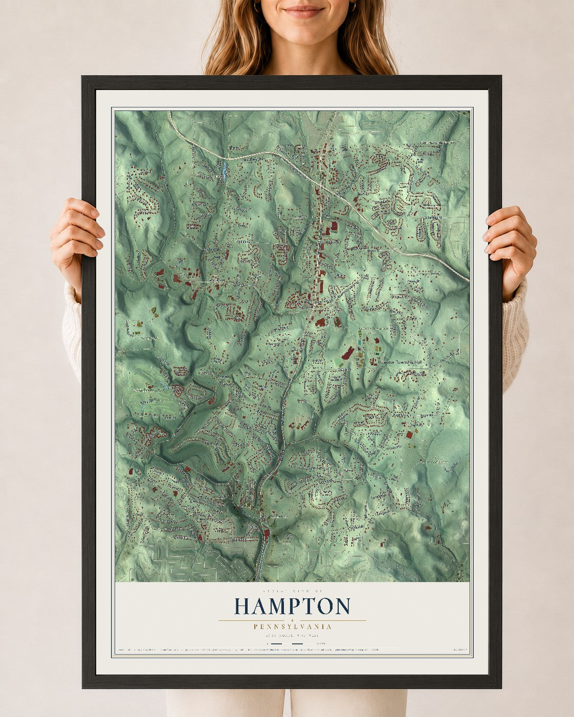 Map of Hampton, Pennsylvania, 24 x 36 inch print in a black wood frame