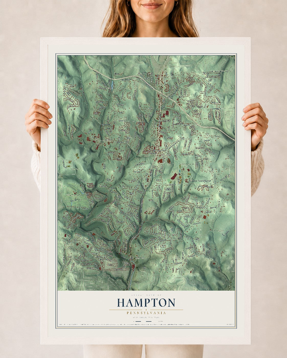 Map of Hampton, Pennsylvania, 24 x 36 inch print in a white wood frame