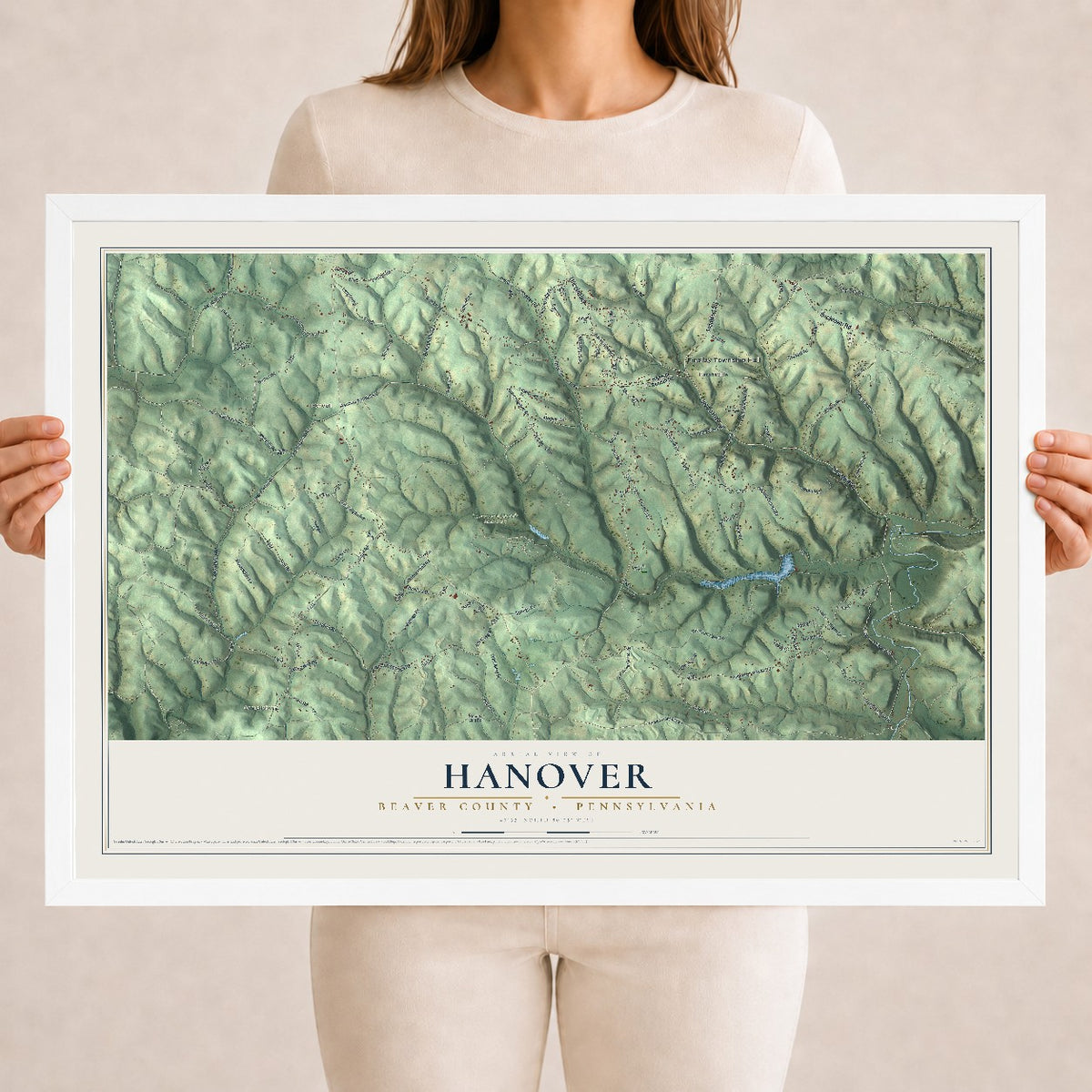 Map of Hanover, Beaver County, Pennsylvania, 18 x 24 inch print in a white wood frame