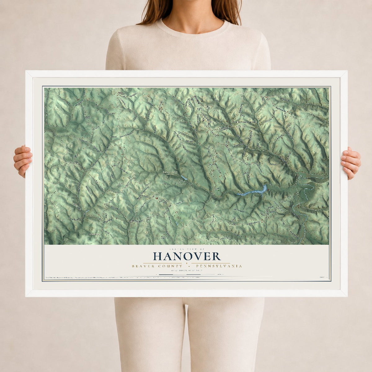 Map of Hanover, Beaver County, Pennsylvania, 24 x 36 inch print in a white wood frame