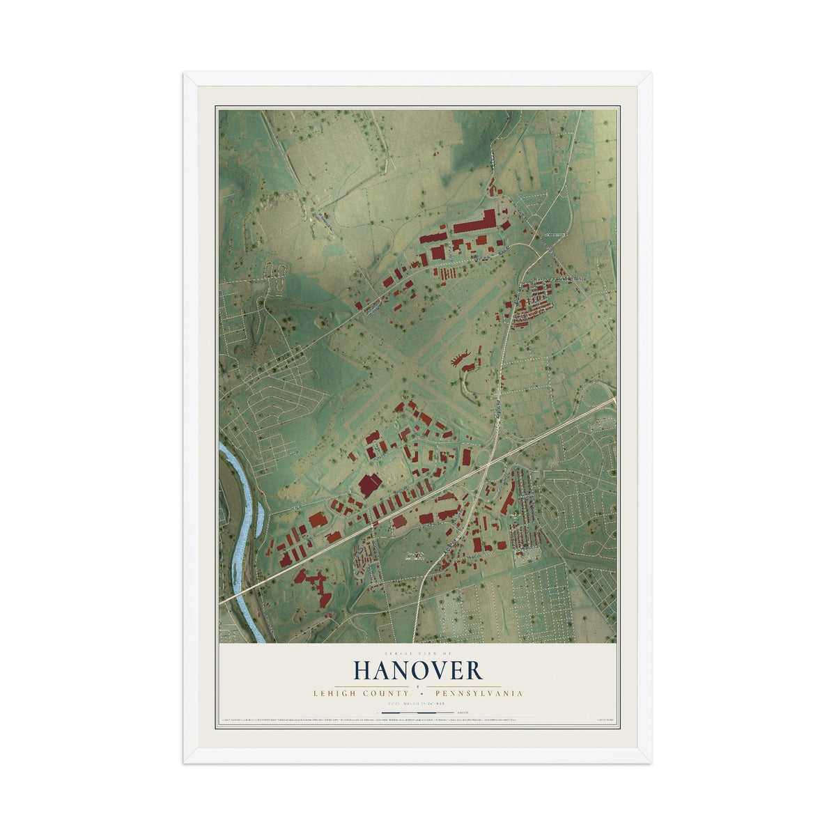 Map of Hanover, Lehigh County, Pennsylvania, 12 x 18 inch print in a white wood frame