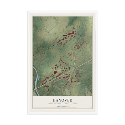 Map of Hanover, Lehigh County, Pennsylvania, 12 x 18 inch print in a white wood frame