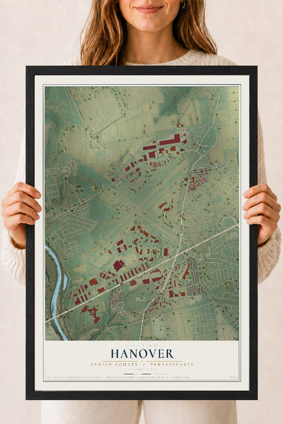Map of Hanover, Lehigh County, Pennsylvania, 18 x 24 inch print in a black wood frame