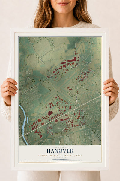 Map of Hanover, Lehigh County, Pennsylvania, 18 x 24 inch print in a white wood frame