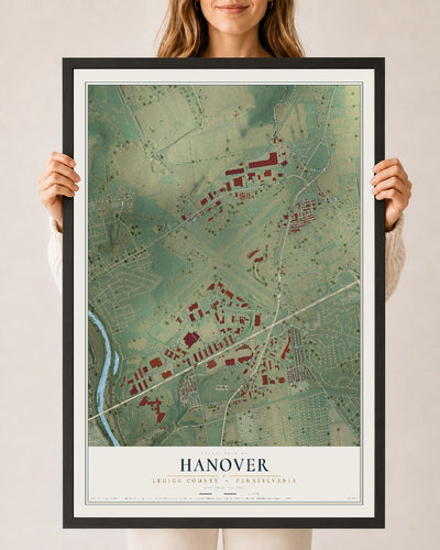 Map of Hanover, Lehigh County, Pennsylvania, 24 x 36 inch print in a black wood frame