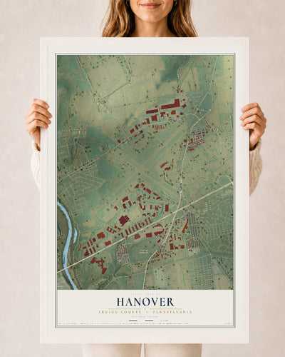 Map of Hanover, Lehigh County, Pennsylvania, 24 x 36 inch print in a white wood frame