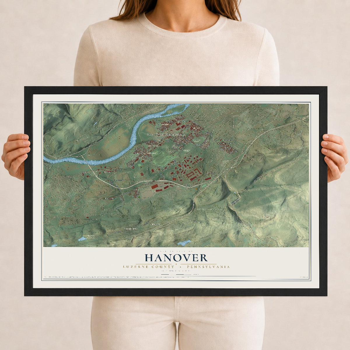 Map of Hanover, Luzerne County, Pennsylvania, 12 x 18 inch print in a black wood frame