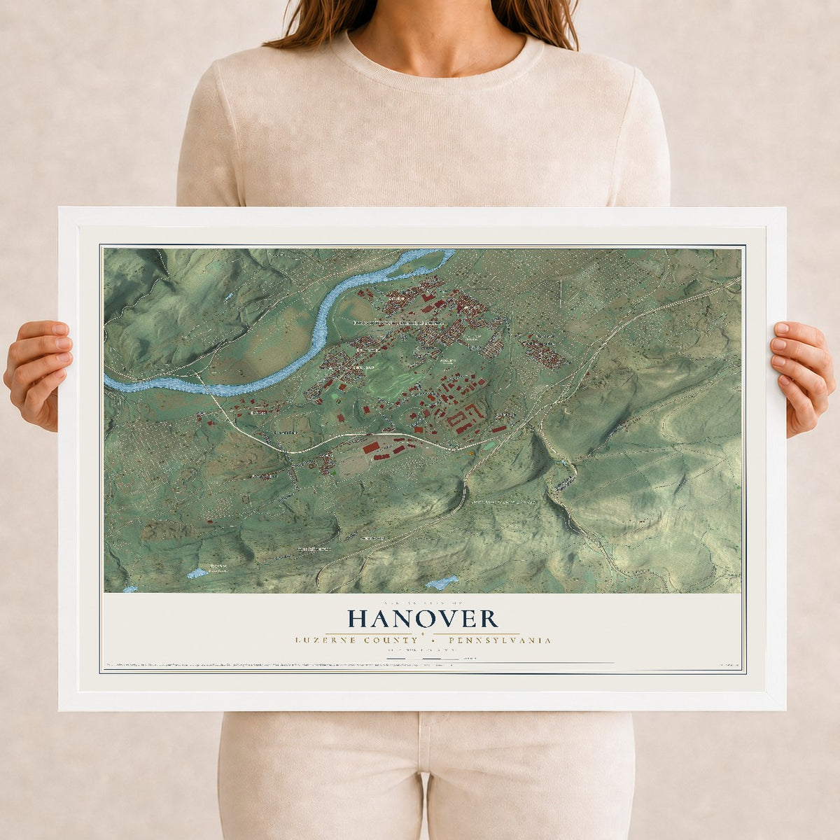 Map of Hanover, Luzerne County, Pennsylvania, 12 x 18 inch print in a white wood frame