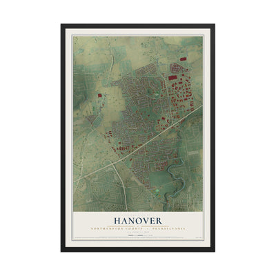 Map of Hanover, Northampton County, Pennsylvania, 12 x 18 inch print in a black wood frame