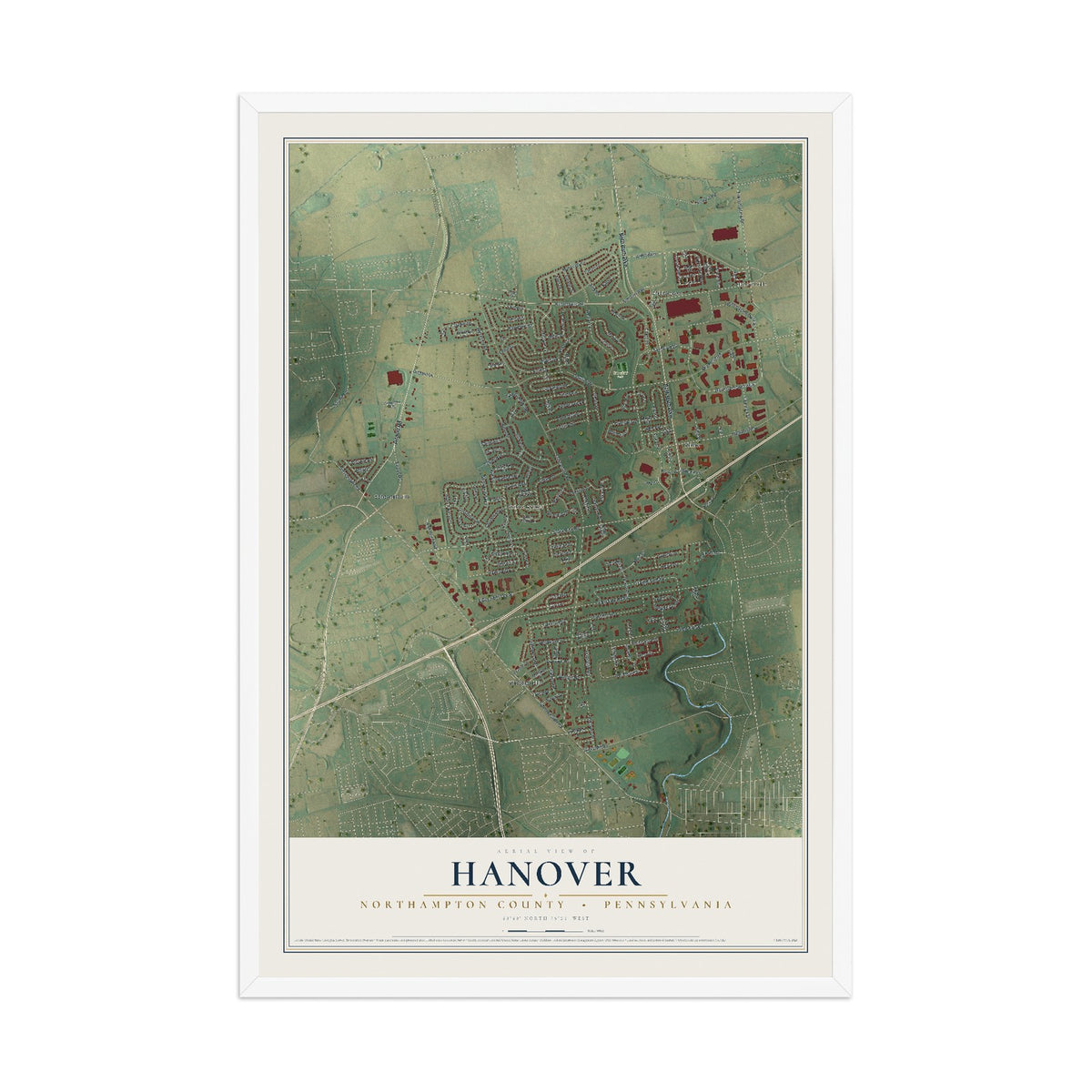 Map of Hanover, Northampton County, Pennsylvania, 12 x 18 inch print in a white wood frame