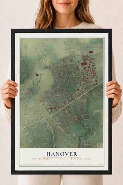 Map of Hanover, Northampton County, Pennsylvania, 18 x 24 inch print in a black wood frame