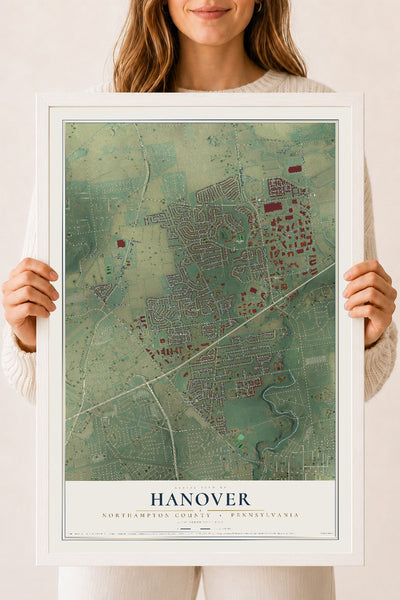 Map of Hanover, Northampton County, Pennsylvania, 18 x 24 inch print in a white wood frame