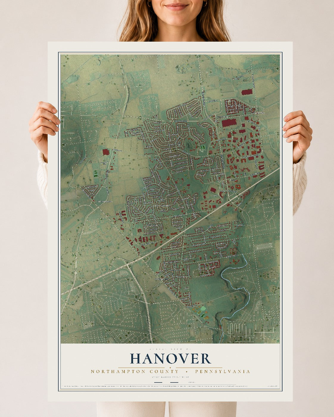 Map of Hanover, Northampton County, Pennsylvania, 24 x 36 inch unframed archival matte print