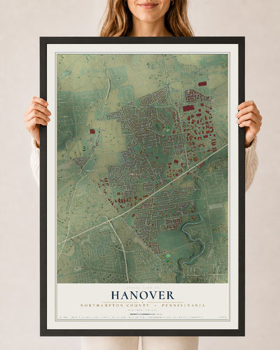 Map of Hanover, Northampton County, Pennsylvania, 24 x 36 inch print in a black wood frame