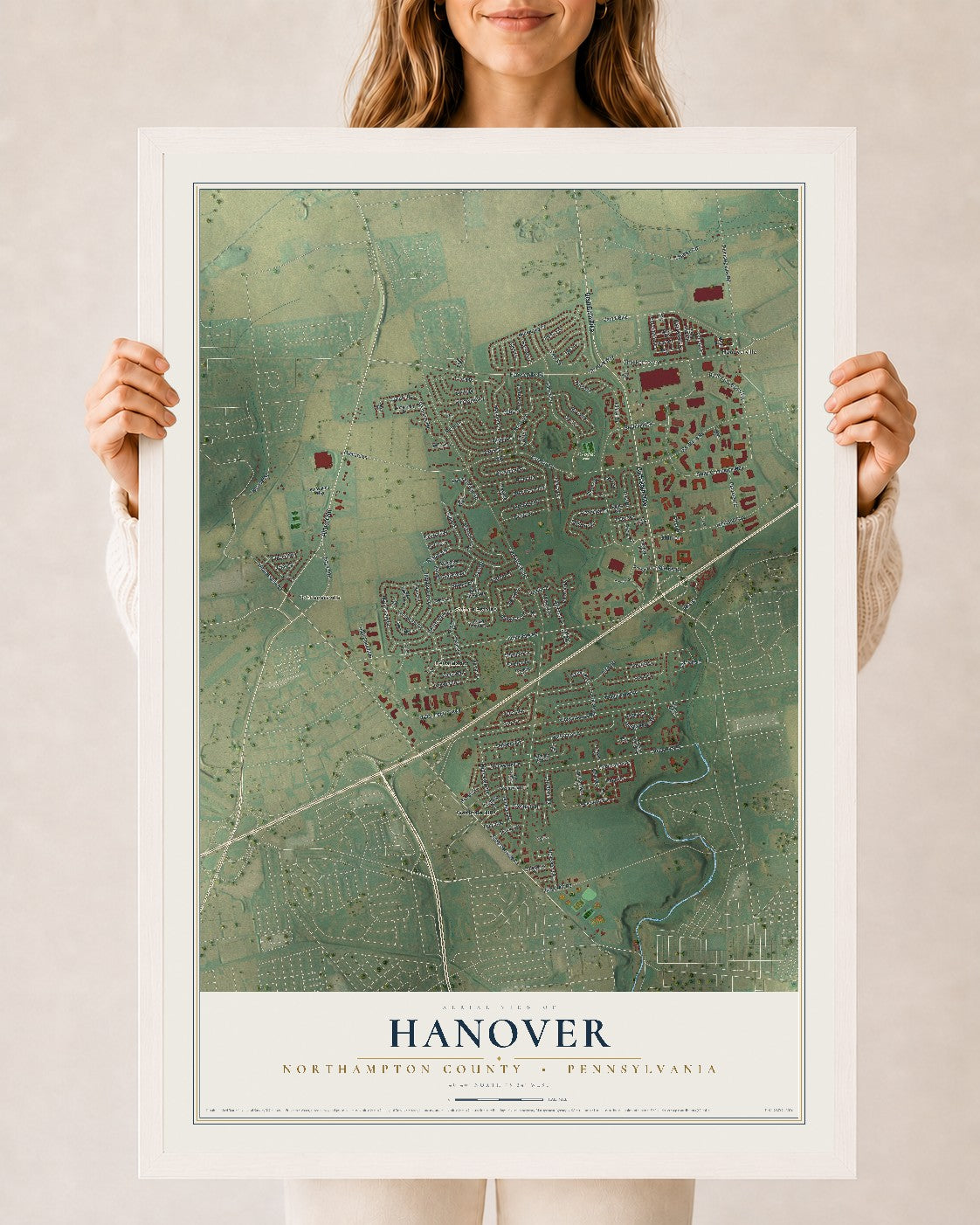 Map of Hanover, Northampton County, Pennsylvania, 24 x 36 inch print in a white wood frame