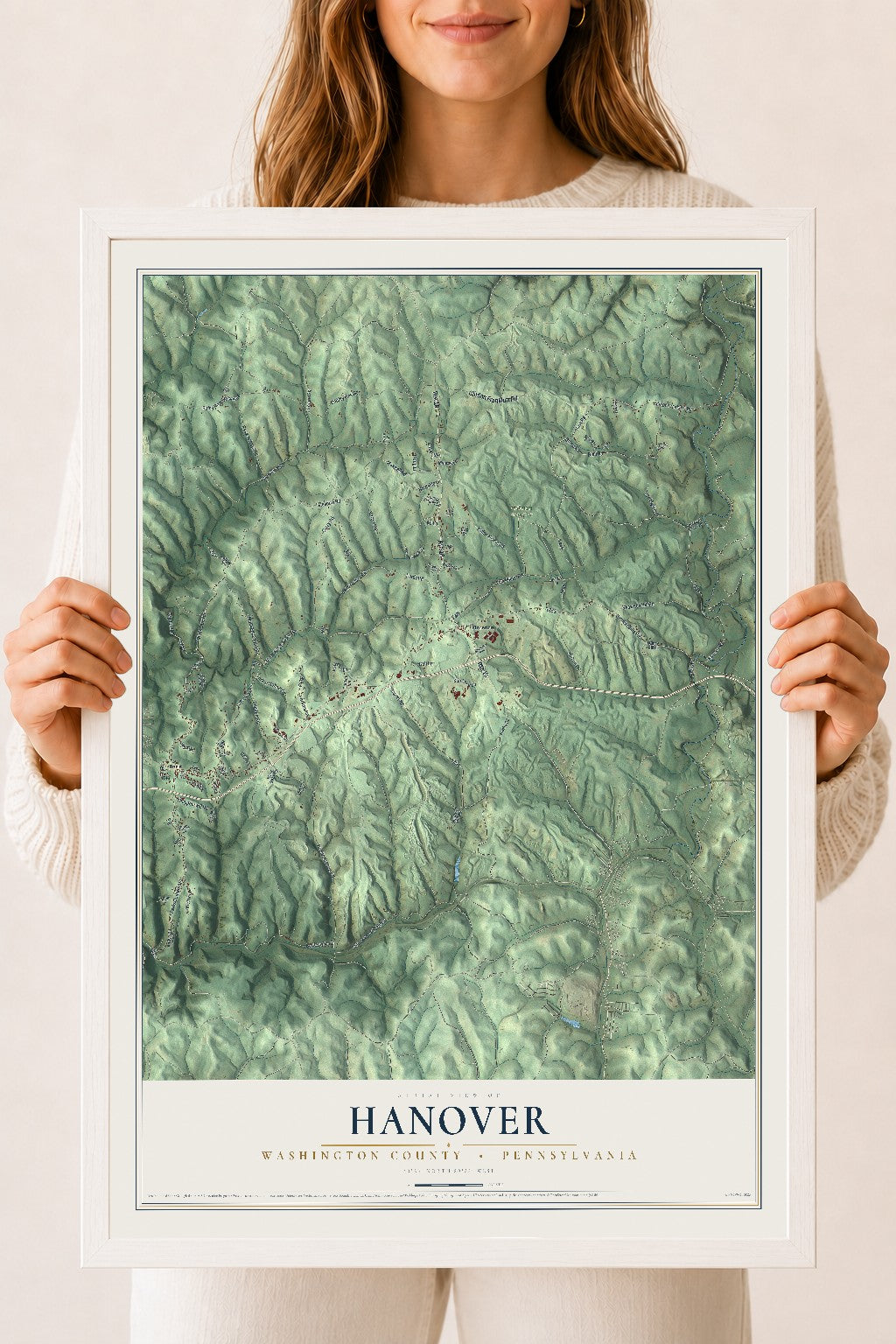 Map of Hanover, Washington County, Pennsylvania, 18 x 24 inch print in a white wood frame